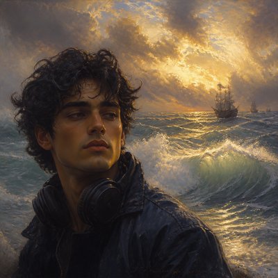 head-and-shoulders portrait of an original character: a young man with curly dark hair and headphones around his neck, plain backdrop, no text