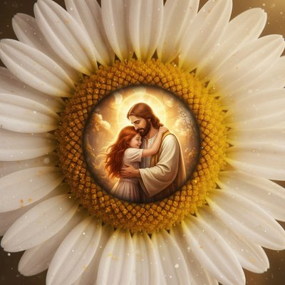 A close up of an eye. Around the eye are daisy petals - as if the eye is the center of the daisy. Keep eye detail but instead of the colored area have daisies In the pupil there Jesus hugging a little girl with long red hair, her arms around His neck, close-up view, macro perspective, joyful mood, golden hour color palette, god rays lighting, rule of thirds composition, masterpiece, best quality, ultra detailed, sharp focus, highly detailed