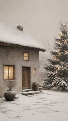 a snow-covered cottage with warm glowing windows beside a decorated pine tree, gentle snowfall, no text