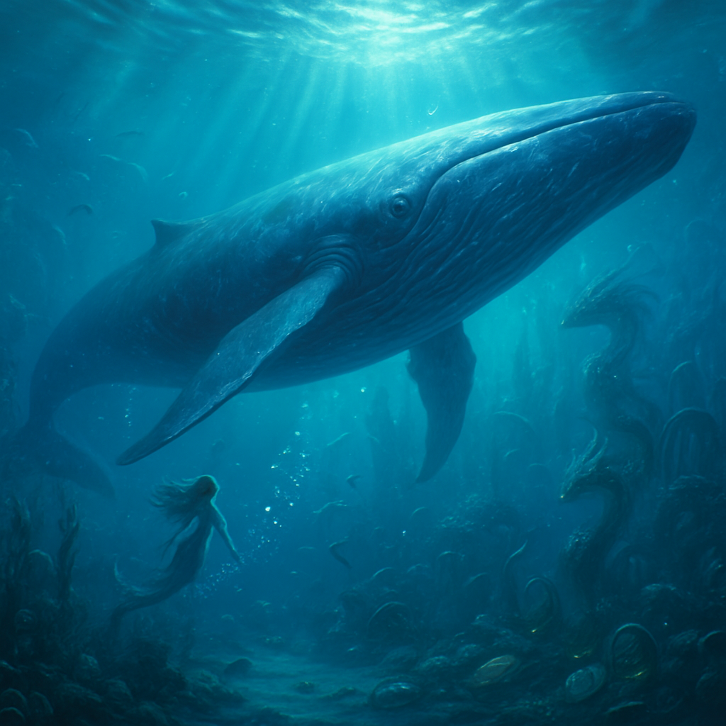 Generate an image using the Depths of the Sea Generator style: A majestic and mysterious blue whale gliding gracefully through a surreal ocean abyss. Its massive, sleek body glows with deep blues and silvers, textured with hyper-realistic skin details and subtle bioluminescent veins. Soft sunlight filters down from the distant surface, creating volumetric god rays that pierce the crystalline water. Delicate, glistening bubbles trail behind like sparkling jewels, refracting prismatic light in the ethereal clarity. The scene blends photorealistic whale anatomy with dreamlike surrealism—vast, shimmering depths, faint silhouettes of ancient sea life, and an aura of profound awe. High resolution, 8K, wide-angle cinematic view emphasizing the whale's immense scale and serene mystery.