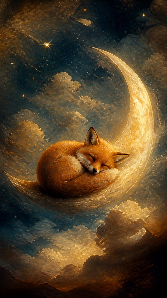 a sleeping baby fox curled on a crescent moon among soft stars, gentle and warm, no text
