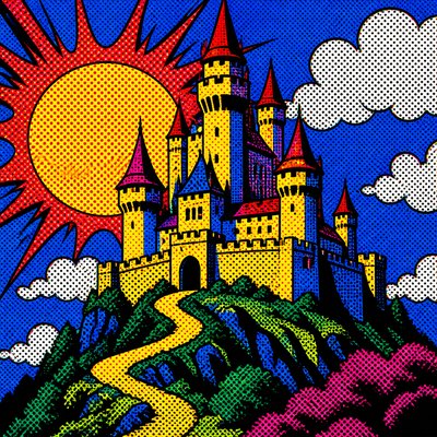 a grand castle with towers on a hilltop