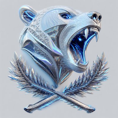 a roaring bear head above crossed pine branches, bold graphic composition on a plain background, no text