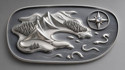 a map of an island realm with mountains, forests, a sheltered bay, sea monsters in the water and a compass rose, no text labels