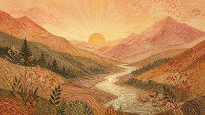 a vast valley with a river winding toward distant mountains at sunrise, no people, no text