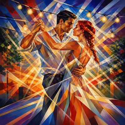 an original couple dancing under string lights in a garden at dusk: a man with short black hair in a linen shirt and a woman with braided red hair in a summer dress
