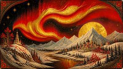 a flowing aurora over snowy peaks, wide sweeping composition, no people, no text
