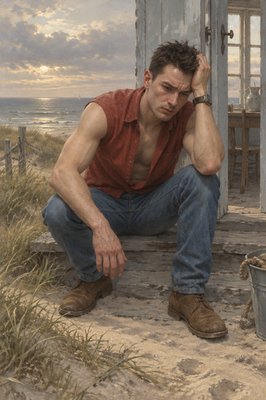 a man sitting on a beach next to a shack