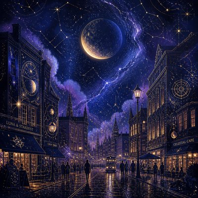 urban street with city activity — Celestial Aesthetic