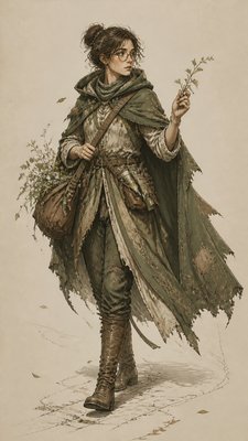 full-body original character: a wandering botanist with a satchel of plants, a patched green cloak, tall boots and round glasses, neutral background