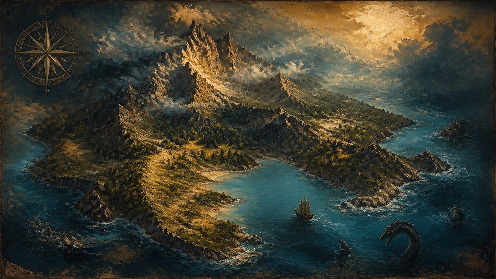 a map of an island realm with mountains, forests, a sheltered bay, sea monsters in the water and a compass rose, no text labels