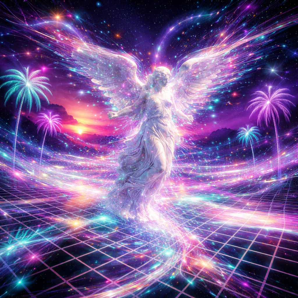 Surreal vaporwave landscape at sunset, marble angel emerging from checkered grid floor, neon palm trees glowing pink and teal, VHS glitch effects, retro 90s aesthetic, dreamy nostalgic atmosphere, high detail