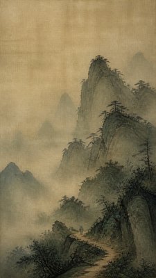 a mysterious forest path with fireflies and drifting mist, atmospheric vertical composition with open space at the top, no text