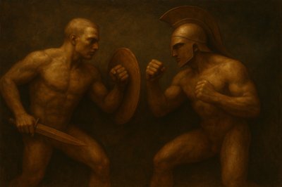 a painting of two naked men holding a sword