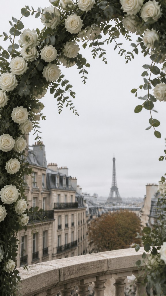 an arch of white roses and eucalyptus in soft morning light, elegant vertical composition with open space, no text