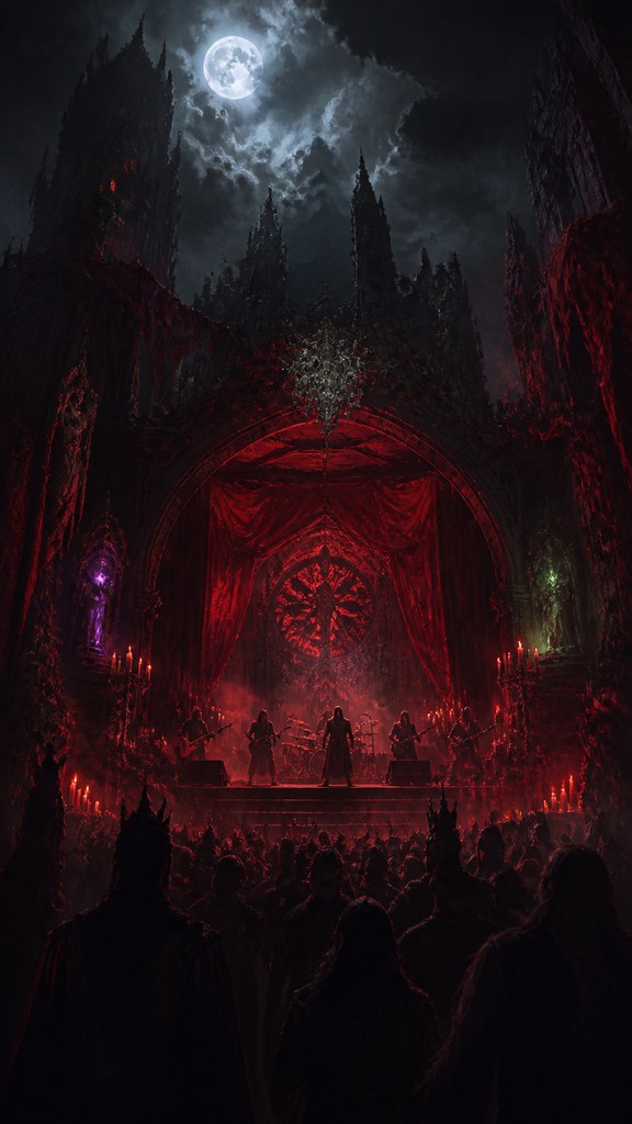 a live music scene with a glowing stage and silhouetted crowd, energetic vertical composition with open space at the top, no text