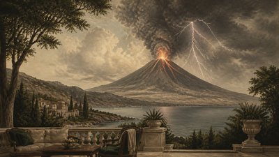 an erupting volcano with lightning strikes, dramatic wide composition, no text