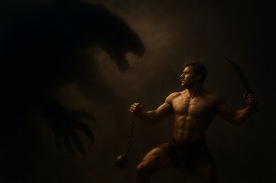 a man holding a sword in front of a monster