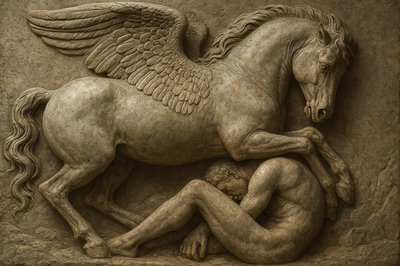 a statue of a man hugging a horse