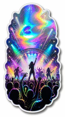 a live music scene with a glowing stage and silhouetted crowd, energetic vertical composition with open space at the top, no text