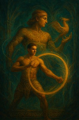 a painting of a man holding a hoop