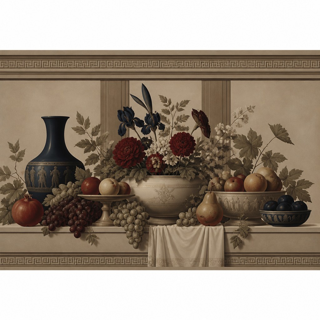 still life arrangement of fruits and flowers