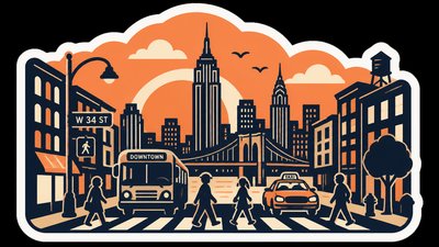 bustling city street panorama at dusk