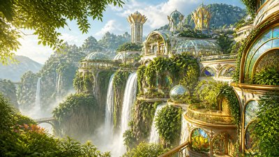 a cliffside city with waterfalls cascading into a misty canyon, wide establishing shot, no people, no text