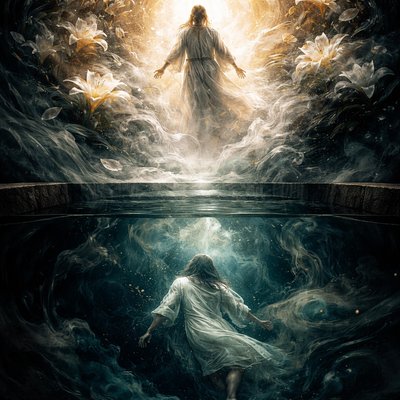A cinematic split-view composition. The bottom half shows a dark, tranquil stone pool (Mikveh) where a figure is submerged in deep teal water, symbolizing burial. The top half shows the same figure emerging into a brilliant, blinding golden light with white lilies blooming all around. Hyper-realistic, dramatic chiaroscuro lighting, spiritual atmosphere, "Newness of life" theme, 8k resolution, elegant and sacred.


