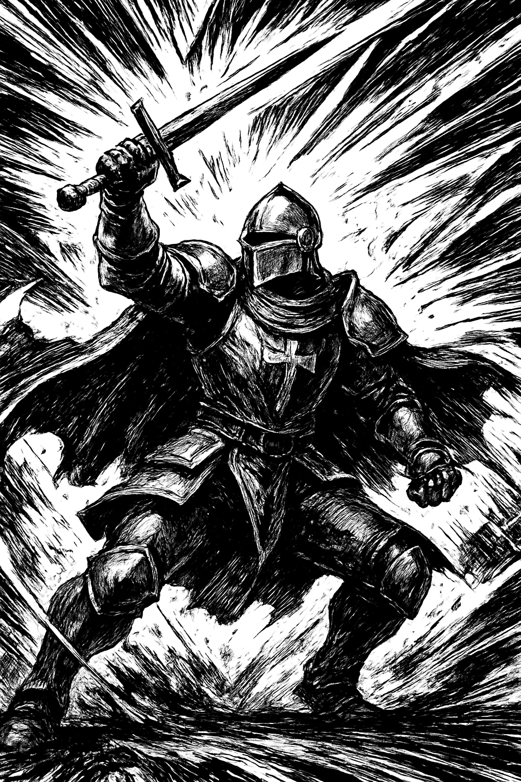 a black and white drawing of a knight holding a sword
