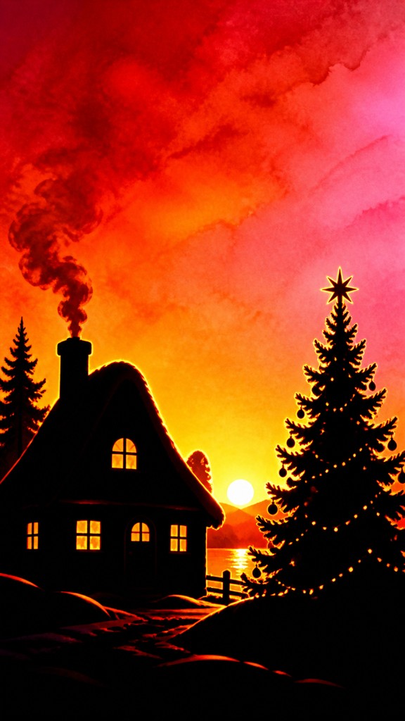 a snow-covered cottage with warm glowing windows beside a decorated pine tree, gentle snowfall, no text