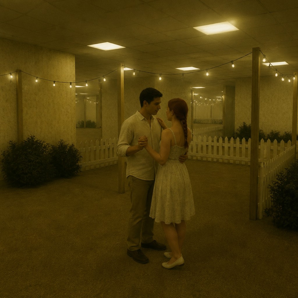 an original couple dancing under string lights in a garden at dusk: a man with short black hair in a linen shirt and a woman with braided red hair in a summer dress