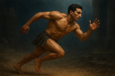 a painting of a man running in a cave