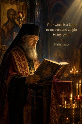 Orthodox priest reading from the Bible with the following verse displayed “Your word is a lamp to my feet and a light to my path” - Psalm 119:105