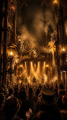 a live music scene with a glowing stage and silhouetted crowd, energetic vertical composition with open space at the top, no text