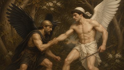a painting of two men fighting with each other