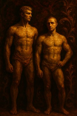 a painting of two naked men standing next to each other