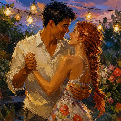 an original couple dancing under string lights in a garden at dusk: a man with short black hair in a linen shirt and a woman with braided red hair in a summer dress