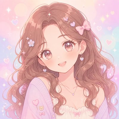 head-and-shoulders portrait of an original character: a young woman with wavy chestnut hair and a warm smile, plain soft backdrop