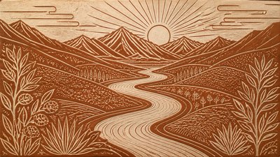 a vast valley with a river winding toward distant mountains at sunrise, no people, no text