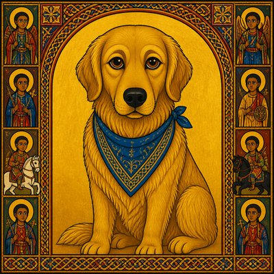 portrait of a golden retriever wearing a blue bandana, warm plain backdrop, no text