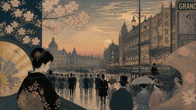 bustling city street panorama at dusk