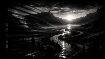 a vast valley with a river winding toward distant mountains at sunrise, no people, no text