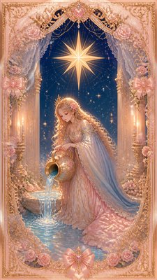 a robed figure pouring water beneath a large eight-pointed star in a night sky, symmetrical composition with an ornate decorative border, no text