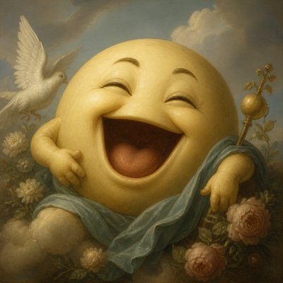 an exaggerated laughing face of an original round mascot character, bold and readable at small size, plain background, no text
