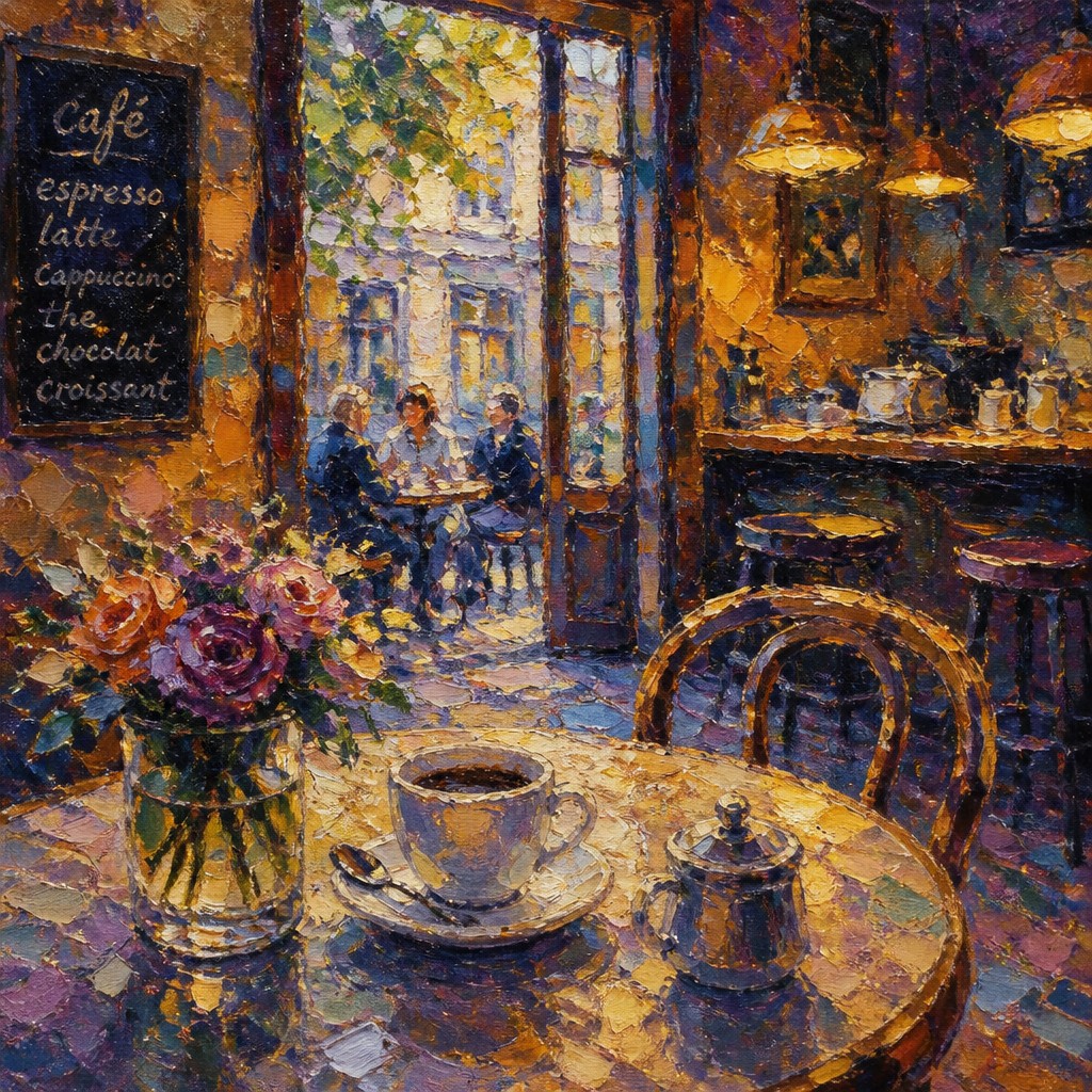 cozy cafe interior with warm lighting