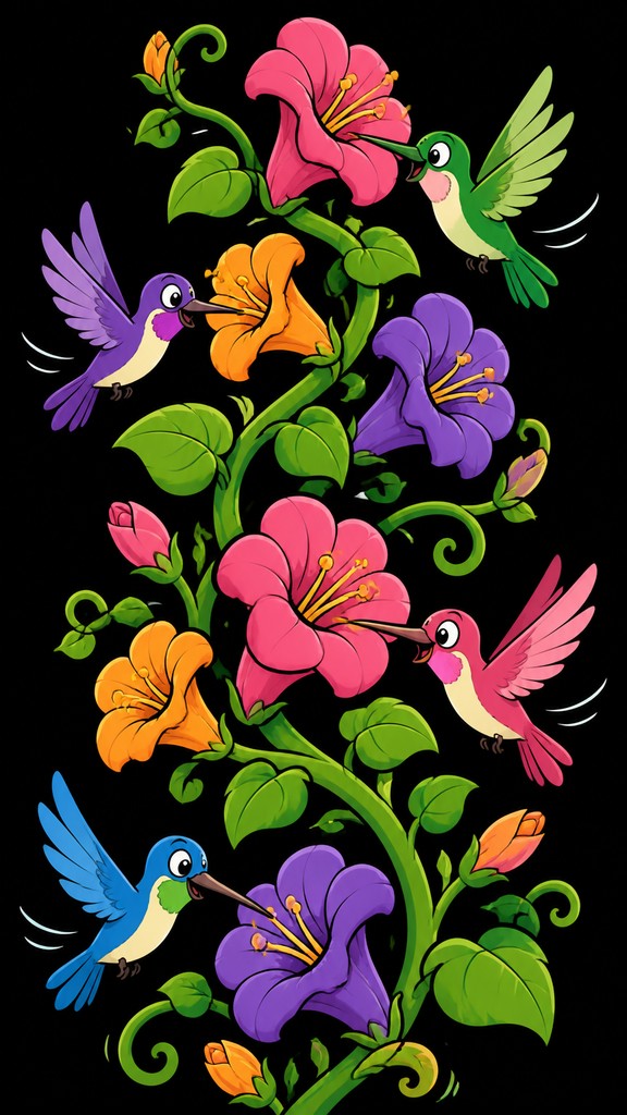 a climbing vine of flowers and hummingbirds on a dark background, tall wrapping composition, no text