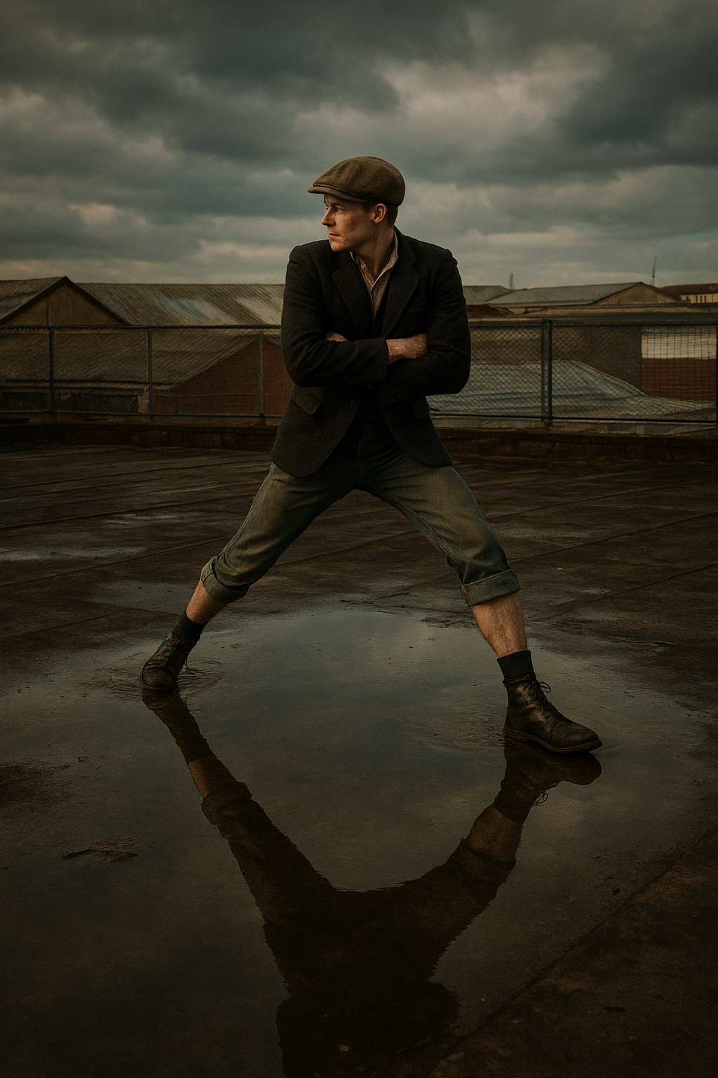 a man standing in a puddle with his arms crossed