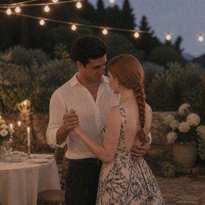 an original couple dancing under string lights in a garden at dusk: a man with short black hair in a linen shirt and a woman with braided red hair in a summer dress