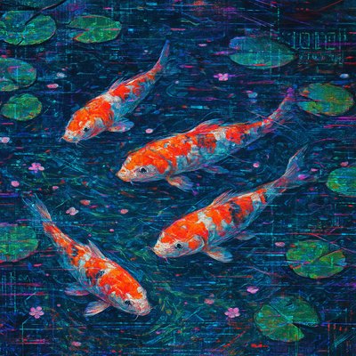 A koi pond seen from above, orange and white koi fish swimming among lily pads, clear water with subtle ripples, fallen cherry blossom petals floating on the surface, dappled sunlight